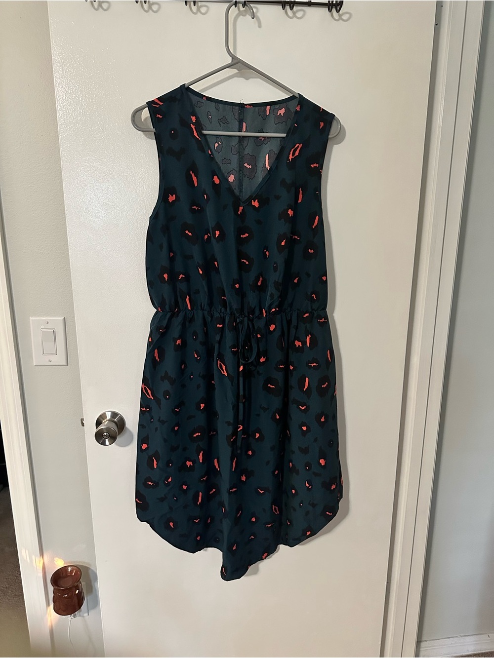 Sleeveless Teal Dress with Coral Leopard Print